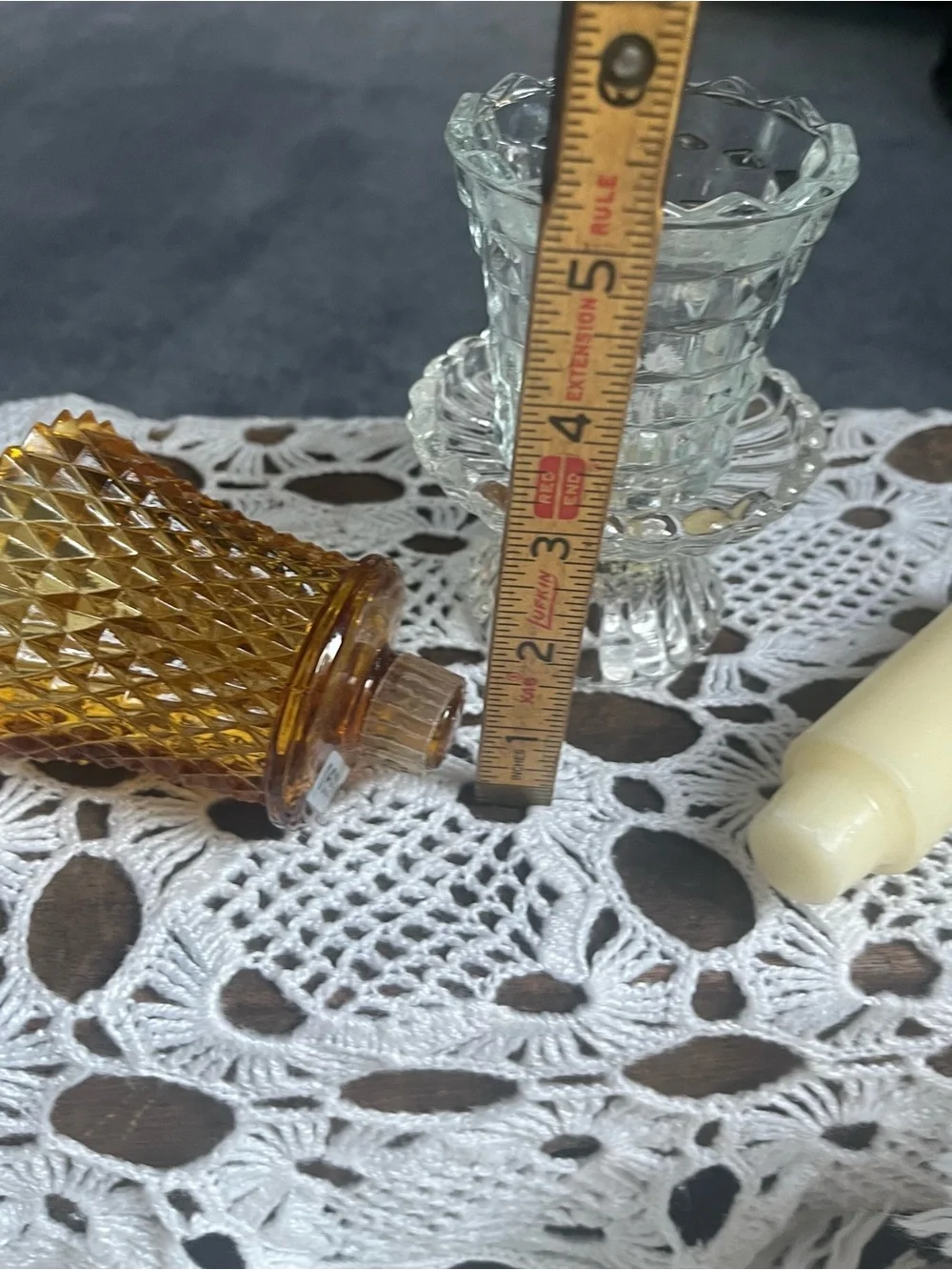 Amber Diamond-Pattern Glass Votive w/ a clear glass candleholder and clear peg